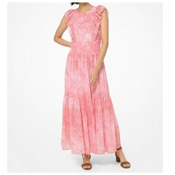 Michael Kors Georgette Tiered Maxi Dress Size 00 Geranium Paisley Ruffle Cottage - Picture 1 of 16